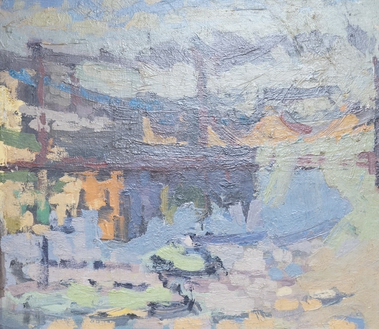 Mid century, oil on canvas, abstract landscape, unsigned, indistinctly inscribed and dated 1951 verso, 34 x 38cm. Condition - good
